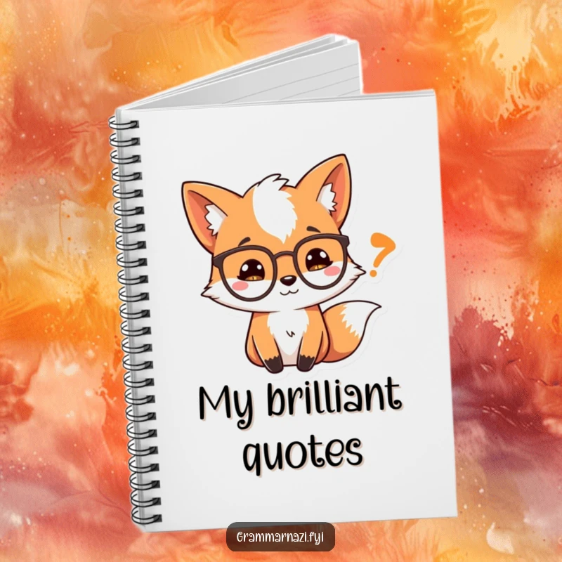 Funny Notebook: A curious fox wearing spectacles looks at a quotation mark, perfect for jotting down literary thoughts.
