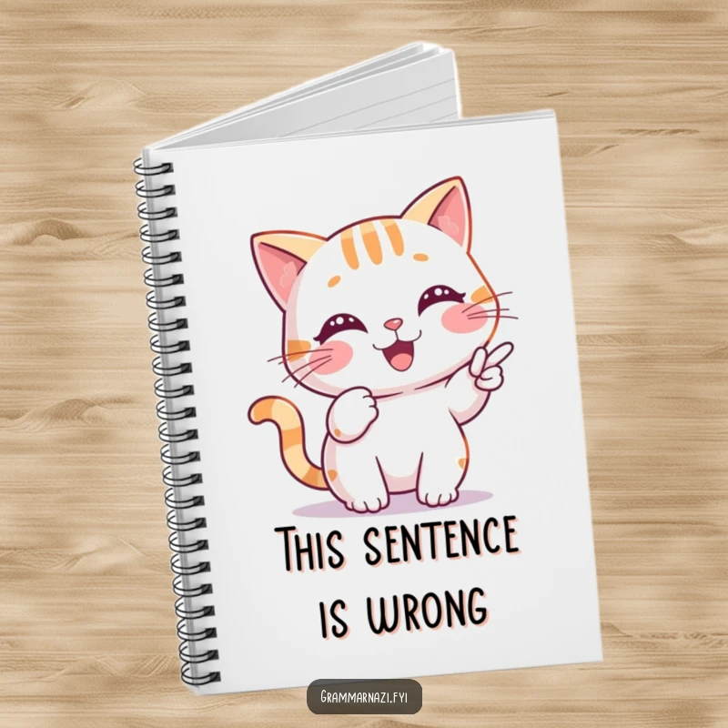 Funny Notebook featuring a cheerful cat precisely pointing out a misplaced comma, designed for capturing precise thoughts.