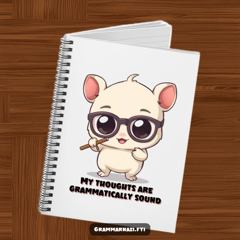 Funny notebook cover showing a cute, bespectacled creature with large eyes, erasing a misplaced apostrophe, ideal for writing and grammar lovers.