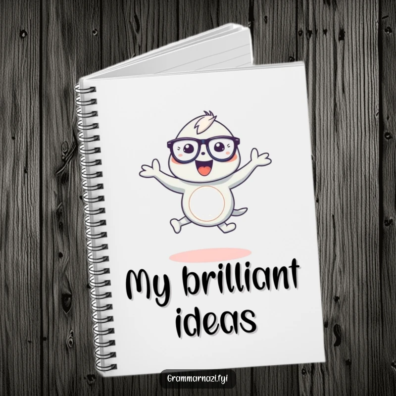 Funny notebook cover with a gleeful creature dancing around a curved apostrophe, perfect for writers who appreciate elegance.