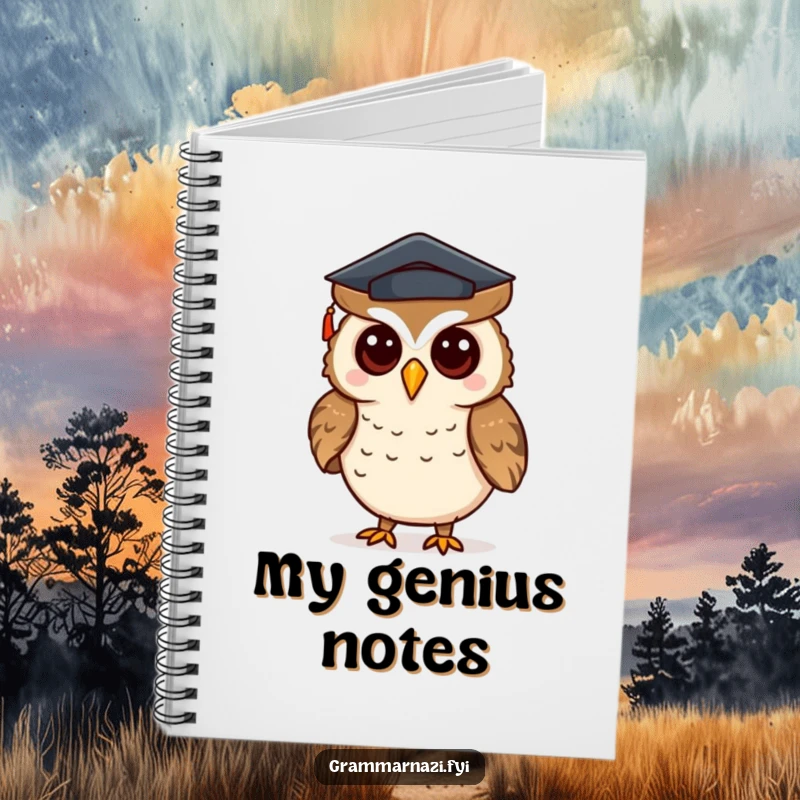 Funny notebook with a curious owl wearing a tiny mortarboard hat, correcting punctuation, great for academic notes.