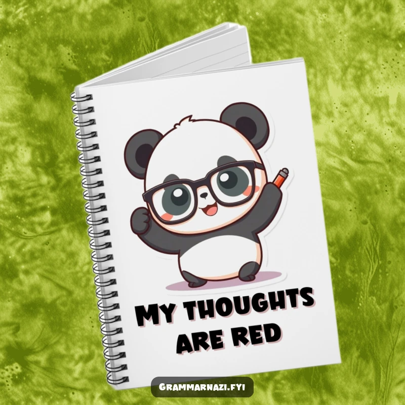 Funny panda wearing glasses and holding a red pen, on a notebook cover, for jotting down smart ideas and notes.