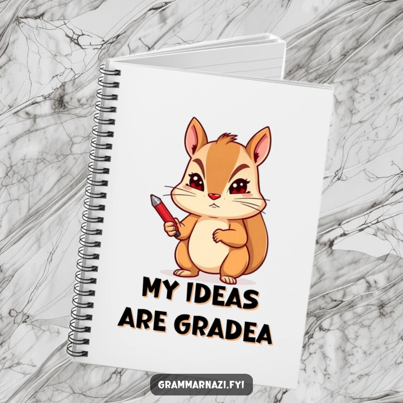 Funny notebook with a determined squirrel holding a red pen with a stern expression, great for detailed notes.