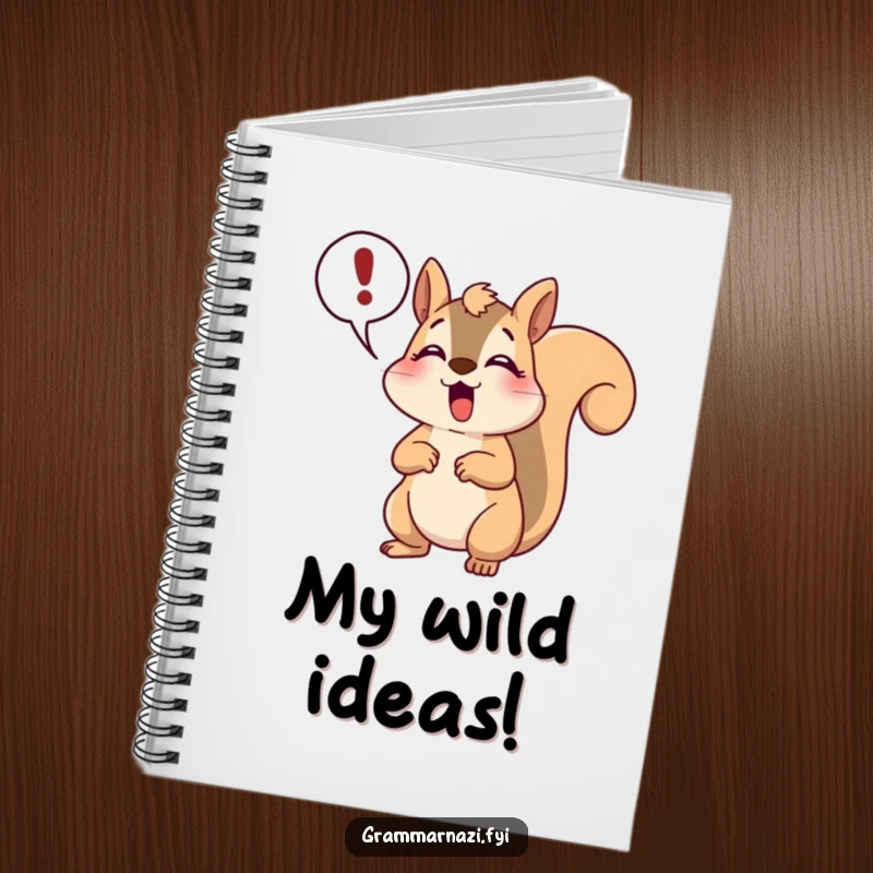 Funny happy squirrel notebook showing a dramatic gasp and exclamation point, perfect for jotting down ideas with expressive flair.