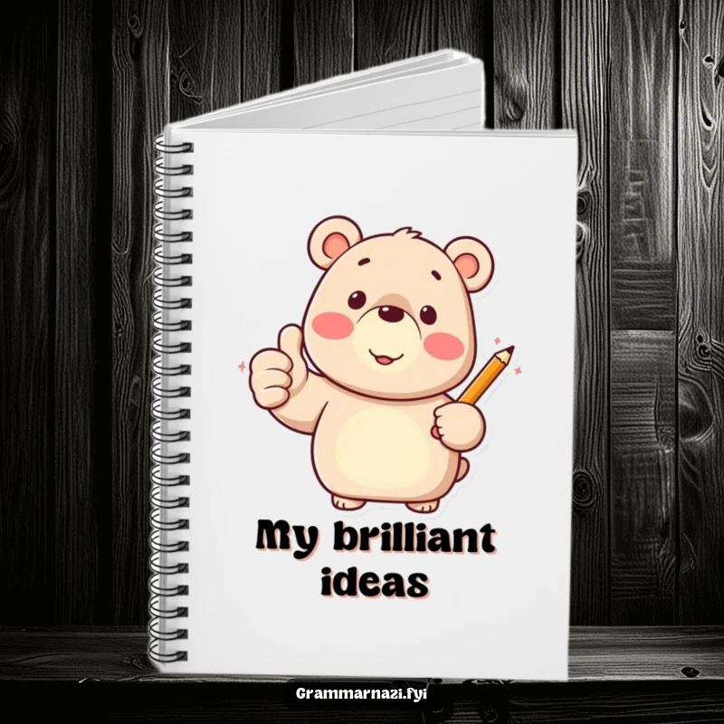 Funny notebook featuring a happy bear character giving a thumbs up with a pencil, inspiring great ideas.