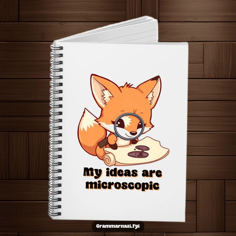 Funny fox notebook, curious investigator peering at ink splotch with magnifying glass, humorous stationery for note-taking.