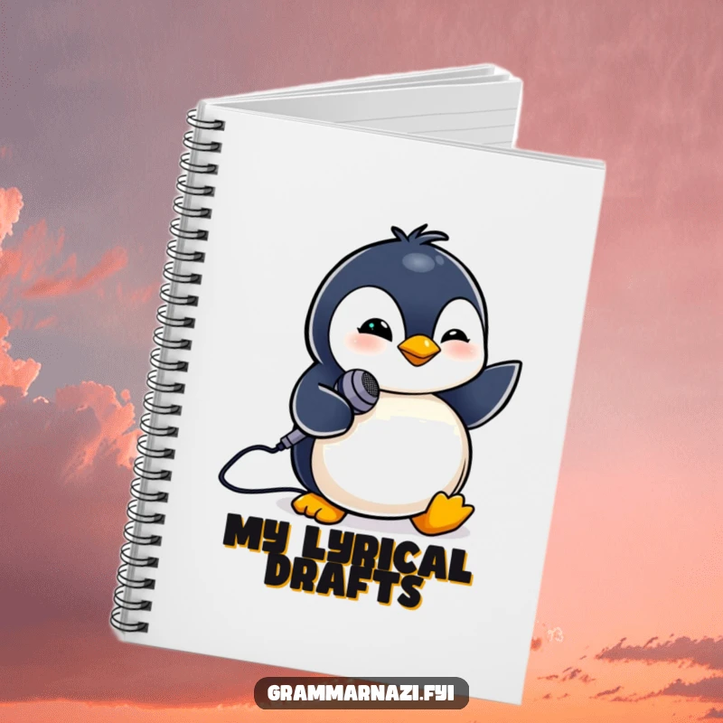 Funny notebook with a tiny penguin winking and holding a small microphone. Songwriting aid.