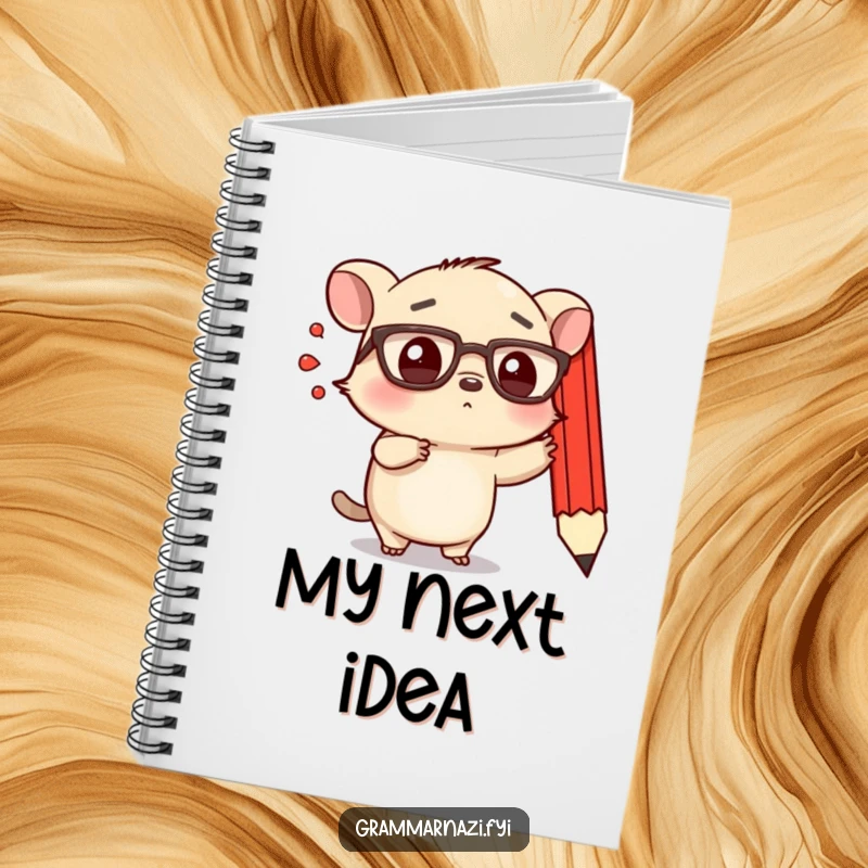 Funny notebook with a small, determined creature with spectacles emphatically pointing at a floating, red pencil.