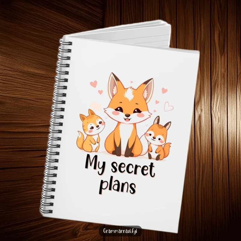 Funny notebook with a smiling fox whispering secrets to woodland creatures. Nature journal.