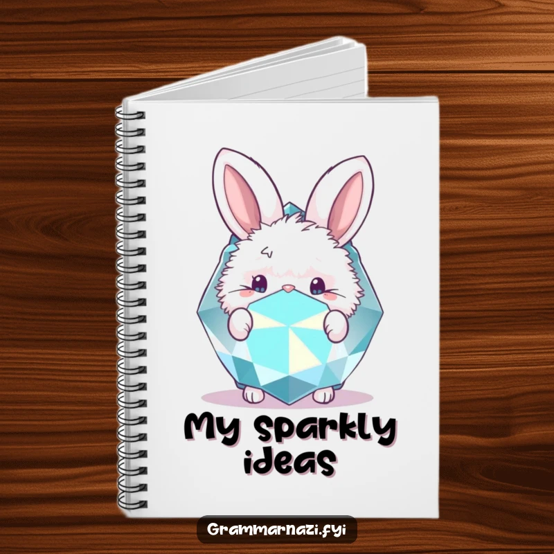 Funny notebook featuring a fluffy bunny peeking behind a giant, sparkly gemstone. Cute stationery.