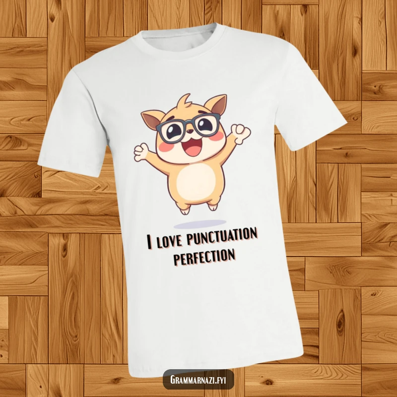 Funny t-shirt depicting an excited, bespectacled creature jumping for joy, holding a perfectly placed comma, a celebration of grammar.