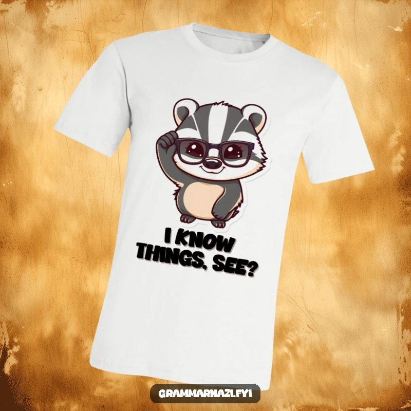 Funny Confident Badger T-Shirt: A badger adjusts its glasses with a knowing smile, projecting intelligence and self-assurance.