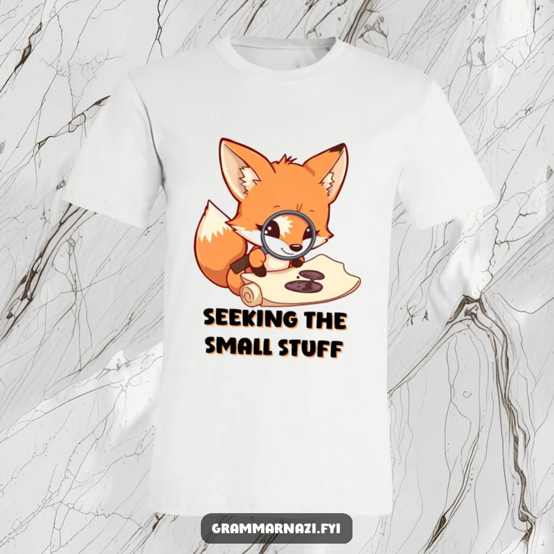 Funny fox investigator t-shirt, peering through a magnifying glass at a tiny ink splotch on a scroll, great humor shirt.