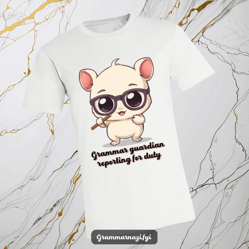 Funny t-shirt featuring a cute, bespectacled creature with large eyes, actively scrubbing away a misplaced apostrophe, looking focused.