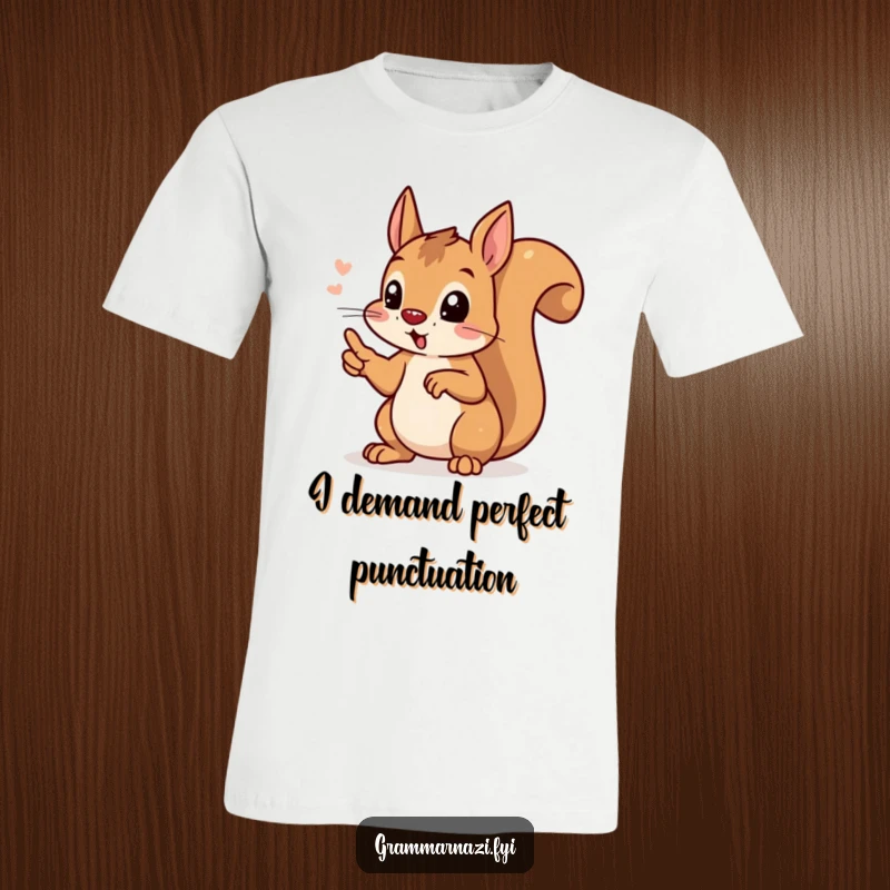 Funny determined squirrel pointing at a perfectly placed apostrophe, printed on a t-shirt, championing correct grammar with humor.