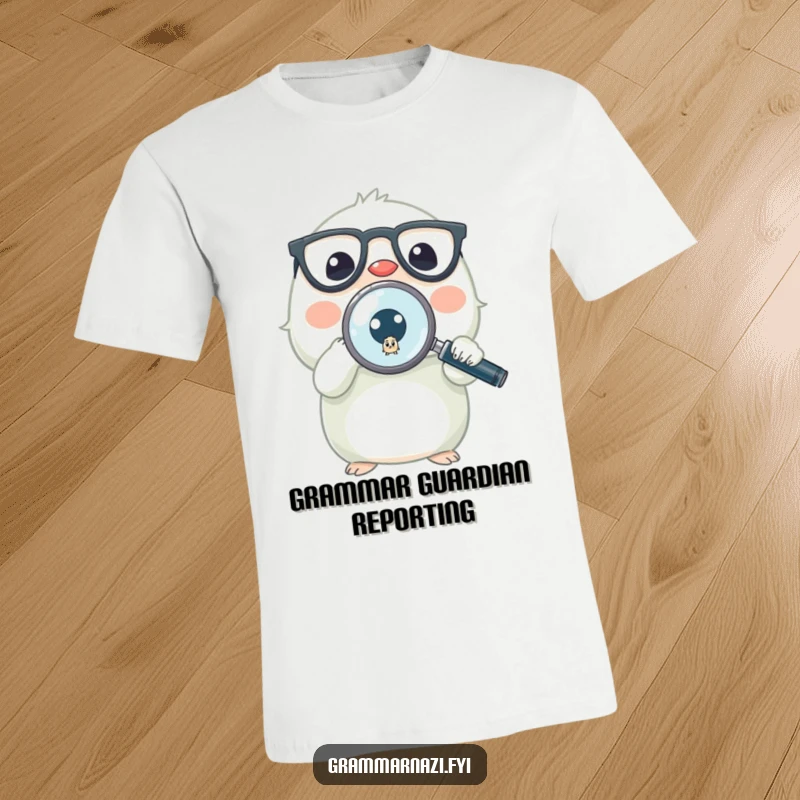 Funny t-shirt with a miniature creature wearing glasses, magnifying glass in hand, searching for a tiny misplaced period on a white background.