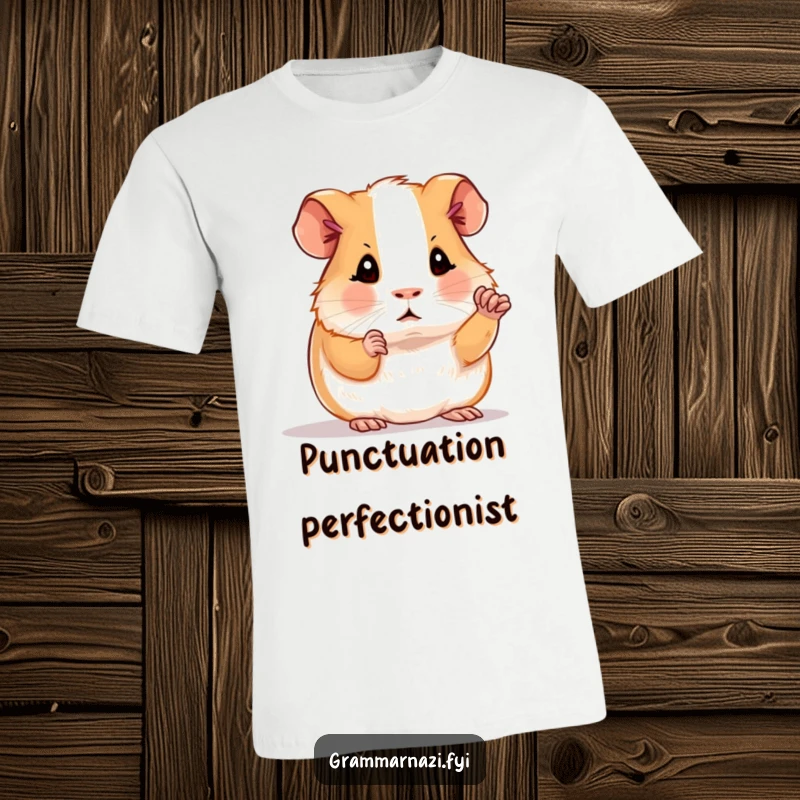 Funny t-shirt with a determined guinea pig polishing a period, celebrating grammatical precision, a humorous gift for language aficionados.