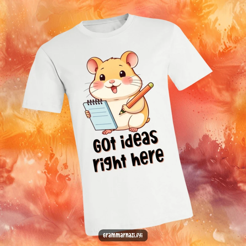 Funny t-shirt with a smiling hamster holding a notepad and pencil, embodying humor and a love for jotting down notes, a great gift.