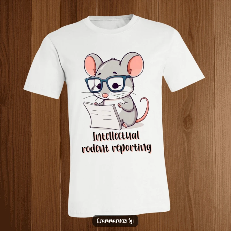 Funny t-shirt graphic of a diligent mouse with glasses, meticulously checking a paragraph, for lovers of reading and humor.