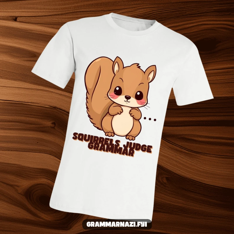 Funny t-shirt featuring a focused kawaii squirrel meticulously circling a grammar error, ideal for writers and editors.