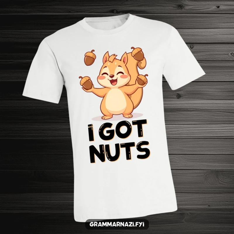 Funny t-shirt with a happy squirrel enthusiastically juggling a pile of acorns, radiating pure joy and playful mischief.