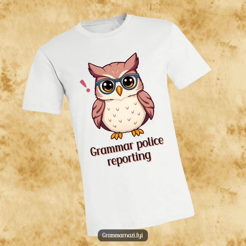 Funny Owl Grammar T-Shirt: A proud owl wearing small spectacles fixes a misplaced apostrophe in the air with a funny expression.