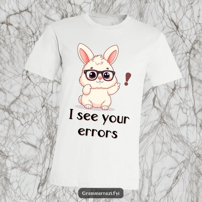 Funny t-shirt showcasing a fluffy bunny with spectacles, pointing with great emphasis at a misplaced comma, a witty gift.