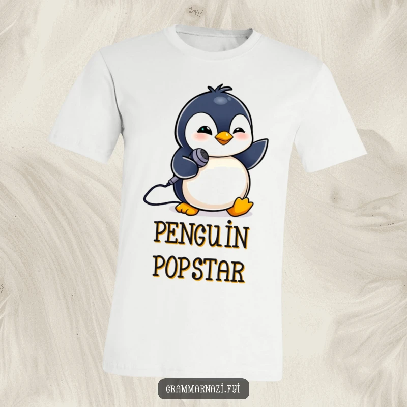 Funny t-shirt featuring a tiny penguin giving a confident wink while holding a small microphone.