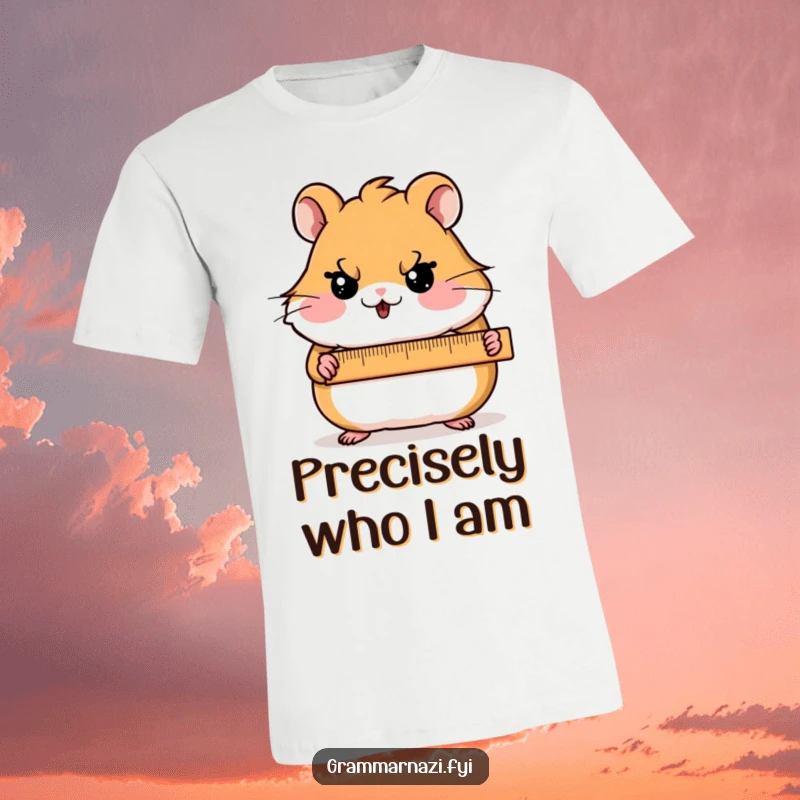 Funny T-Shirt with a blushing hamster character holding a ruler and a stern face, representing precise and shy dedication.