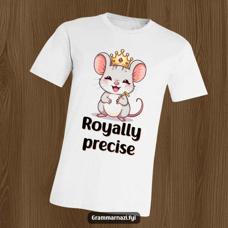 Funny Mouse Crown Polisher T-Shirt: A joyful mouse wearing a crown meticulously polishes a comma, making a statement.