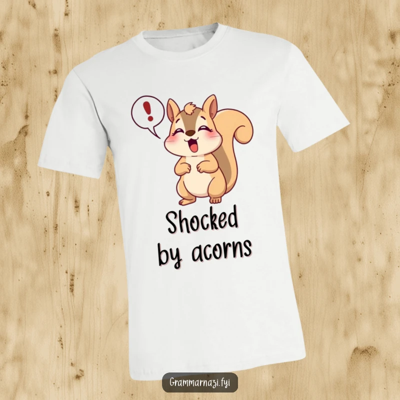 Funny happy squirrel t-shirt depicting a gasp and exclamation point, capturing moments of shock with humorous flair.