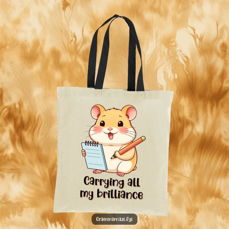 Funny tote bag featuring a smiling hamster with a notepad and pencil, making it a humorous and practical accessory for carrying items.