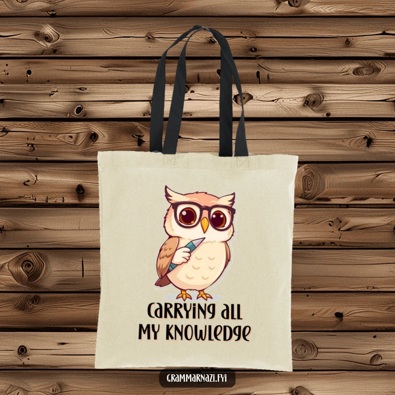 Funny Owl Spectacle Writer Tote Bag: A cute owl with spectacles taps a pen, ready for humorous literary adventures.