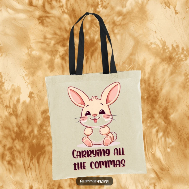Funny Tote Bag: A happy bunny meticulously places a misplaced colon with care, perfect for carrying books and showing grammar pride.