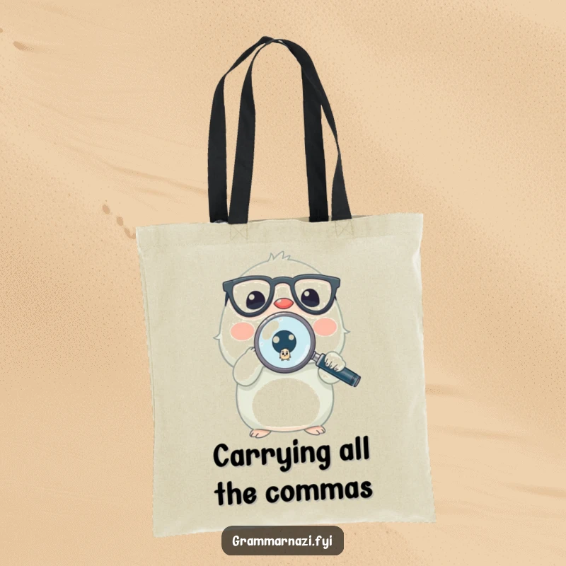 Funny tote bag depicting a small animal with glasses and a magnifying glass searching for a tiny period, great for carrying books.