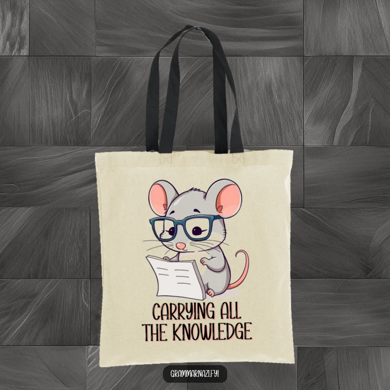Funny tote bag with a diligent mouse wearing glasses, meticulously checking a paragraph, ideal for book lovers.