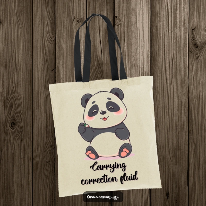 Funny Tote Bag: Playful panda correcting a hyphen with an eraser, perfect for carrying essentials with funny precision, ideal funny gift.