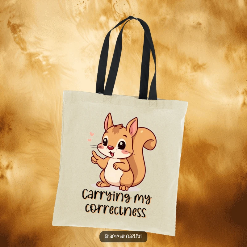 Funny determined squirrel pointing at a perfect apostrophe, on a tote bag, for carrying books and writing essentials with flair.