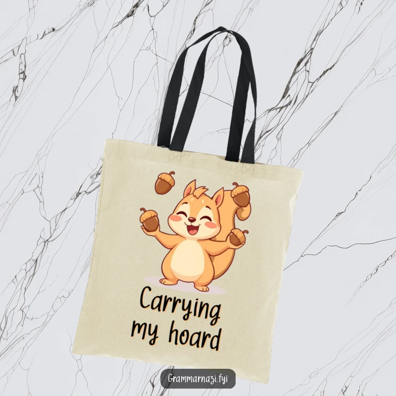 Funny tote bag showcasing a delighted squirrel in the act of juggling numerous acorns, ready for adventures.