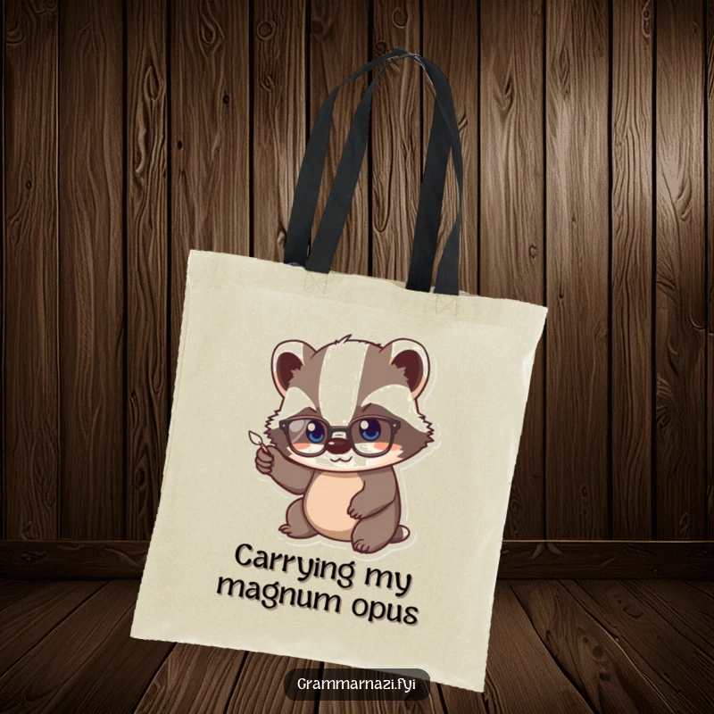 Funny Kawaii Badger Tote Bag: A cute badger with spectacles vigorously points a tiny quill, a humorous and practical accessory for scholars.