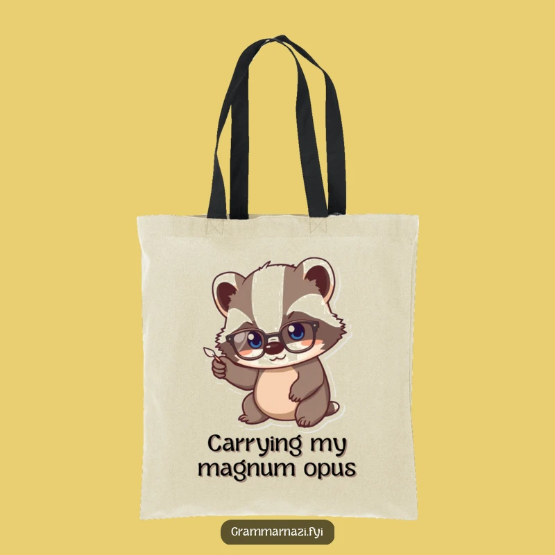 Funny Kawaii Badger Scholar Tote Bag, Studious Quill Accessory Gift