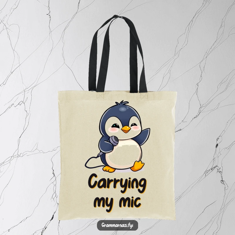 Funny tote bag featuring a tiny penguin winking while holding a small microphone. Music themed.