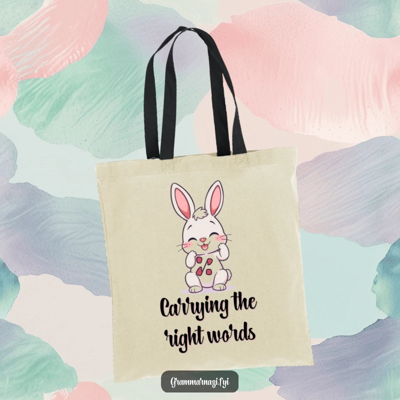 Funny Tote Bag: A giggling bunny character diligently adjusts a perfectly straight apostrophe, a humorous accessory for book lovers.