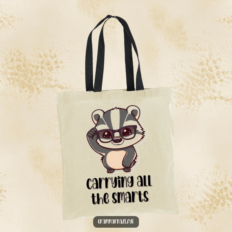 Funny Confident Badger Tote Bag: A badger adjusts its glasses with a knowing smile, perfect for carrying books and wisdom.
