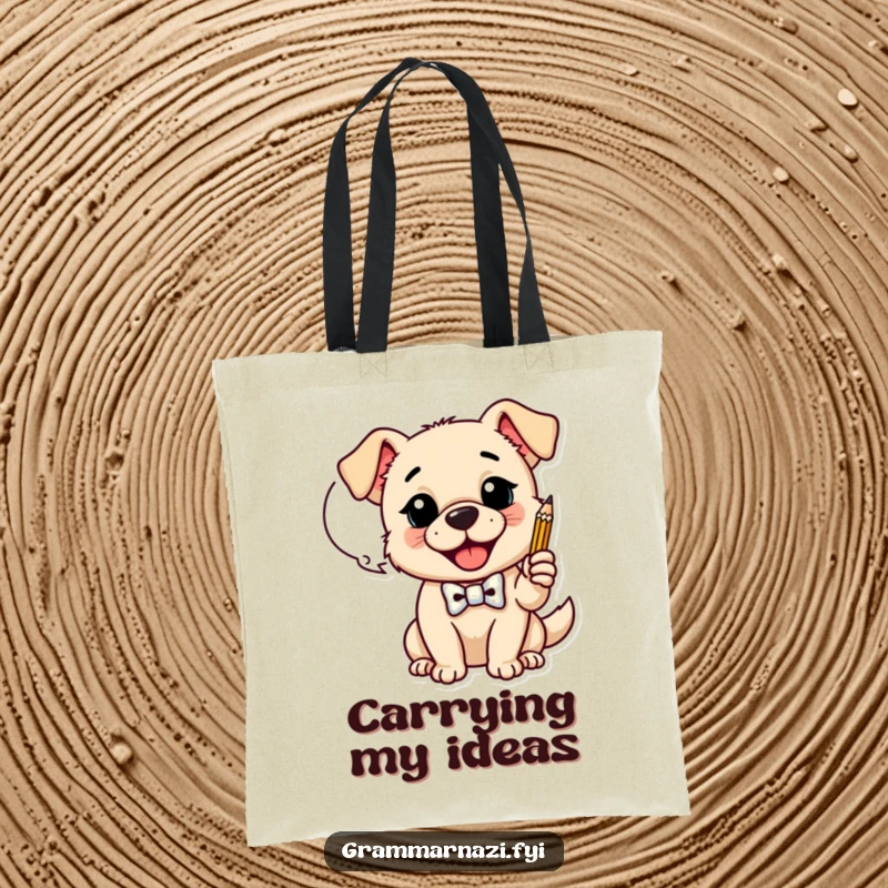 Funny Tote Bag: A happy dog with a bow tie taps a pencil on a speech bubble, great for carrying things with funny intelligence, ideal funny gift.