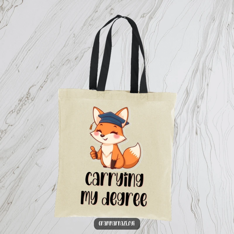 Funny tote bag with a cheerful fox wearing a graduation cap and giving a thumbs up, great for grads.
