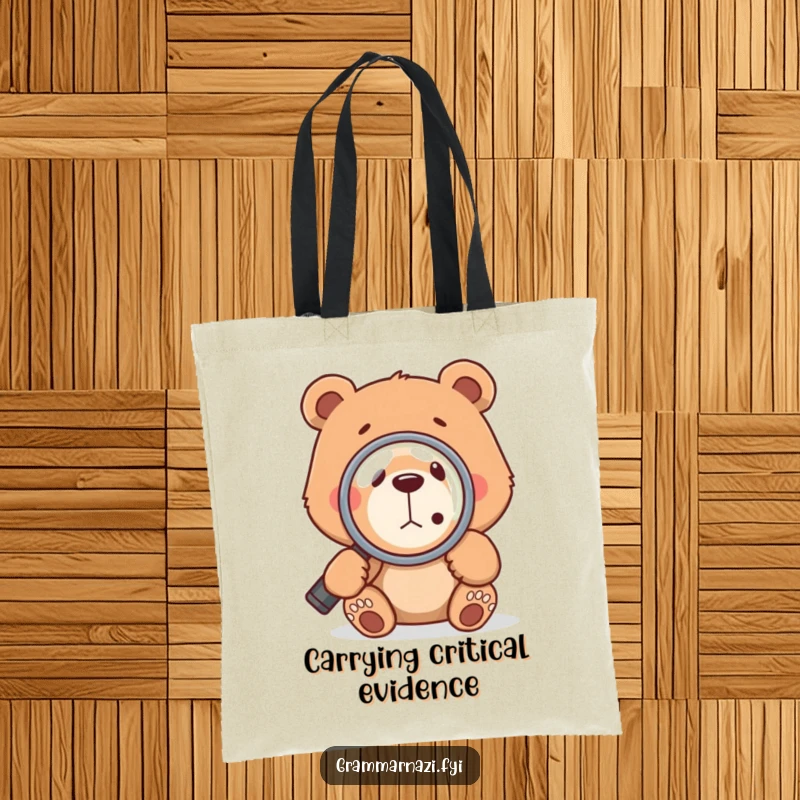 Funny bear with a magnifying glass examining a comma, making this tote bag a stylish and humorous accessory for grammar enthusiasts.