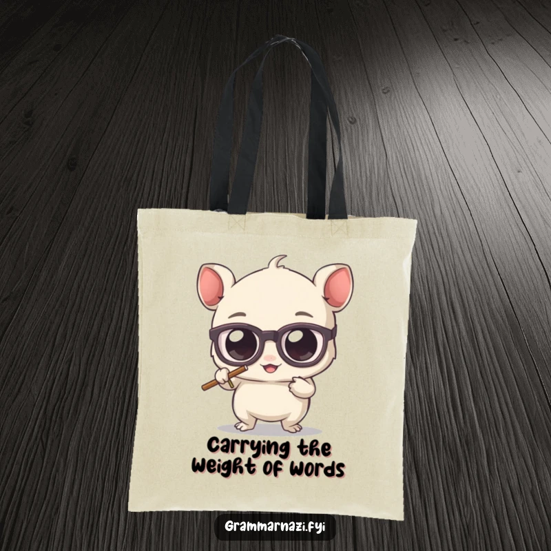 Funny tote bag with a cute, bespectacled creature vigorously erasing a stray apostrophe, symbolizing grammar enforcement and style.