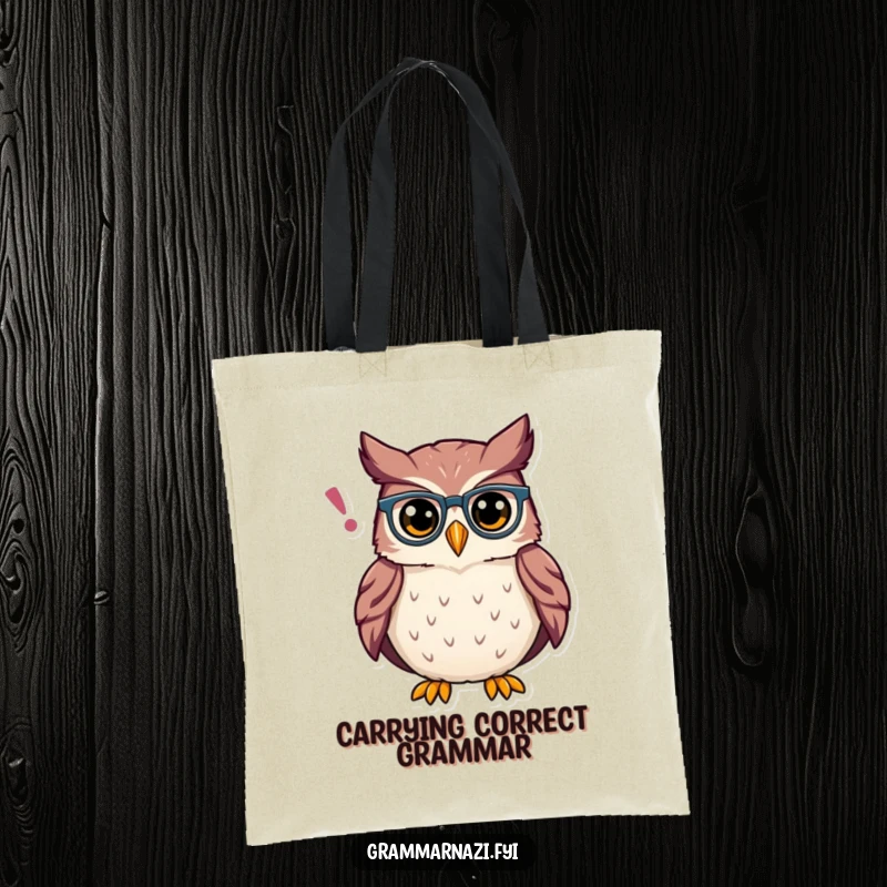 Funny Owl Grammar Tote Bag: A sturdy bag with a proud owl adjusting an apostrophe, great for carrying books and essentials.