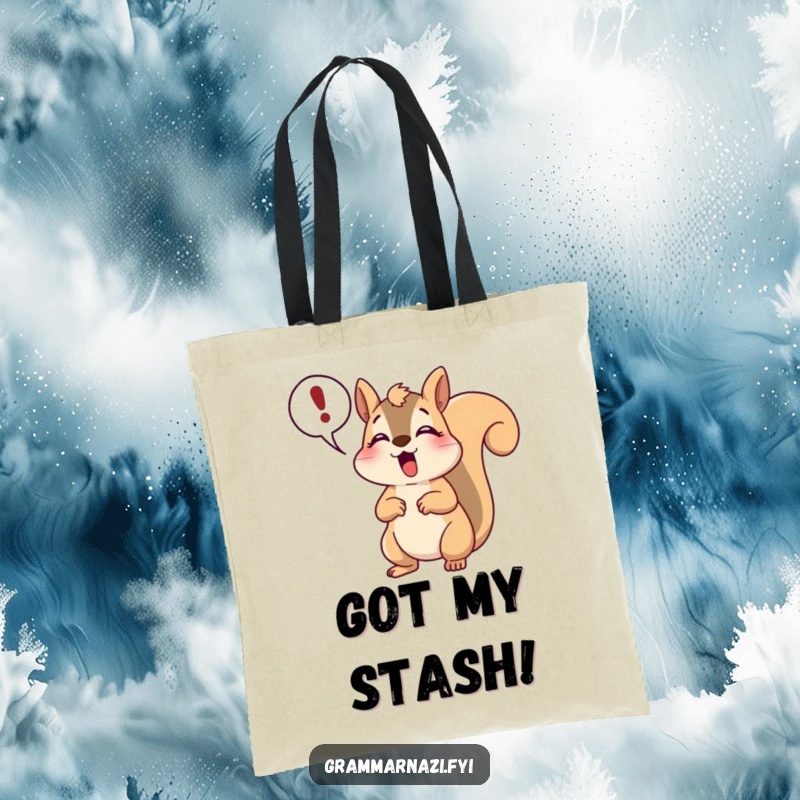 Funny happy squirrel tote bag with a gasp and exclamation point, perfect for carrying items with a touch of dramatic humor.